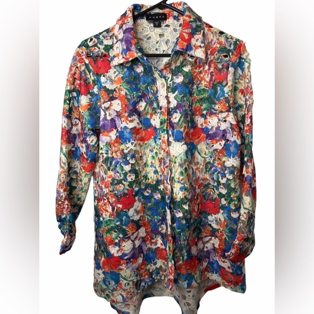 Weavz Multicolor Floral Lace Button Down Top